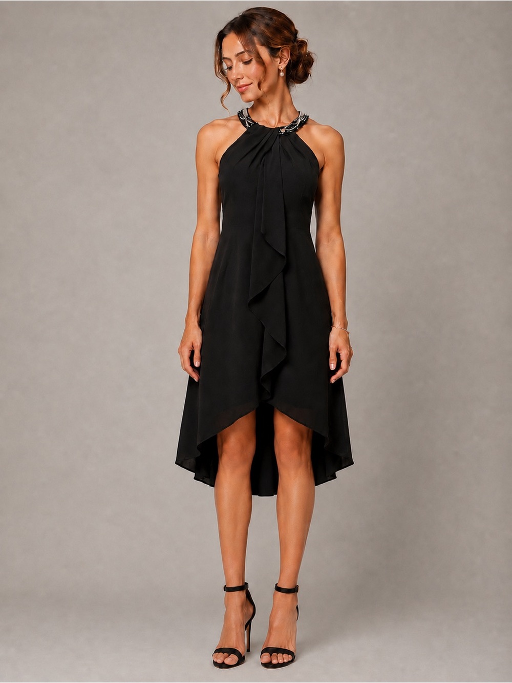 SLNY Black Embellished Neck Halter Dress – Petite 8P
